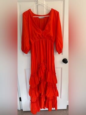 CHICWAYS Orange Ruffle Maxi Dress Boho Tiered Long Sleeve Size M